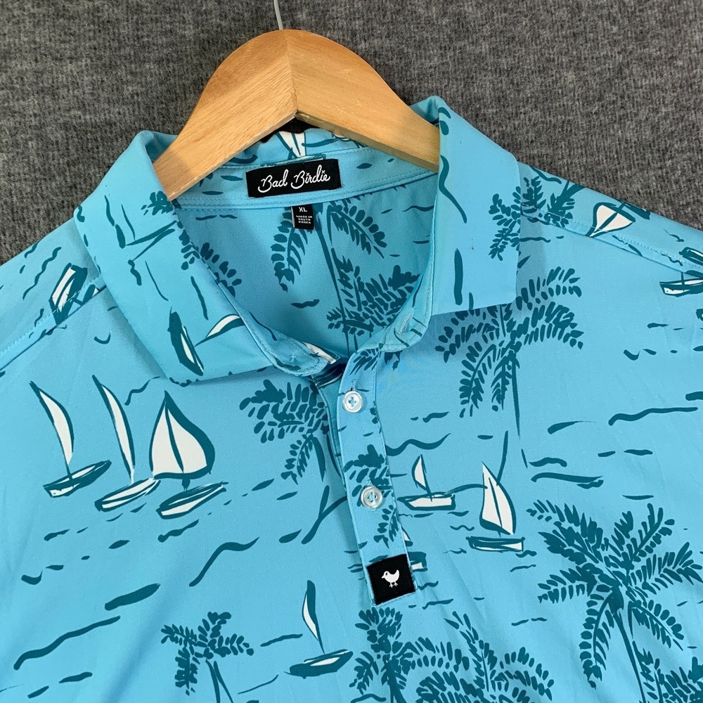 Bad Birdie Polo Men Extra Large Blue Geometric Golf Boat Island Beach - Picture 2 of 12
